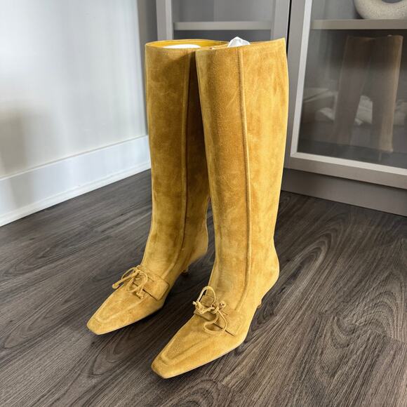 Burberry Storm Calf Suede Manilla Knee High Boots 36 NEW Kitten Heel Gold Bootie - Picture 2 of 8